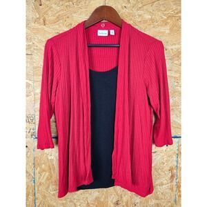 Kim Rogers Red Ribbed‎ Knit Open Front Cardigan 3/4 Sleeve Classic Style